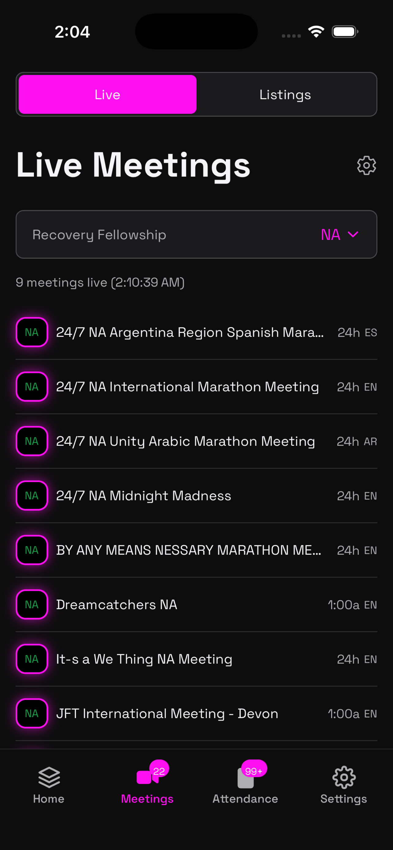 List of online meetings currently in session