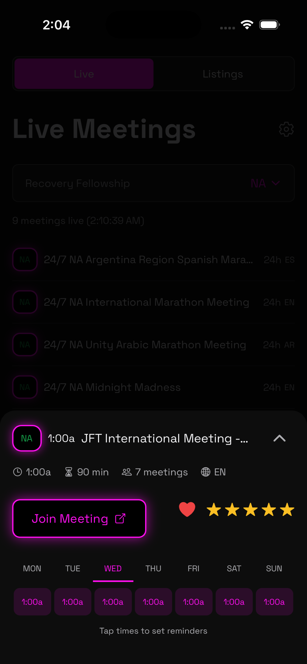 Meeting details with a join button, rating, and weekly schedule